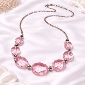 Graduated Pink Faceted Glass Bead Silver Tone Necklace
